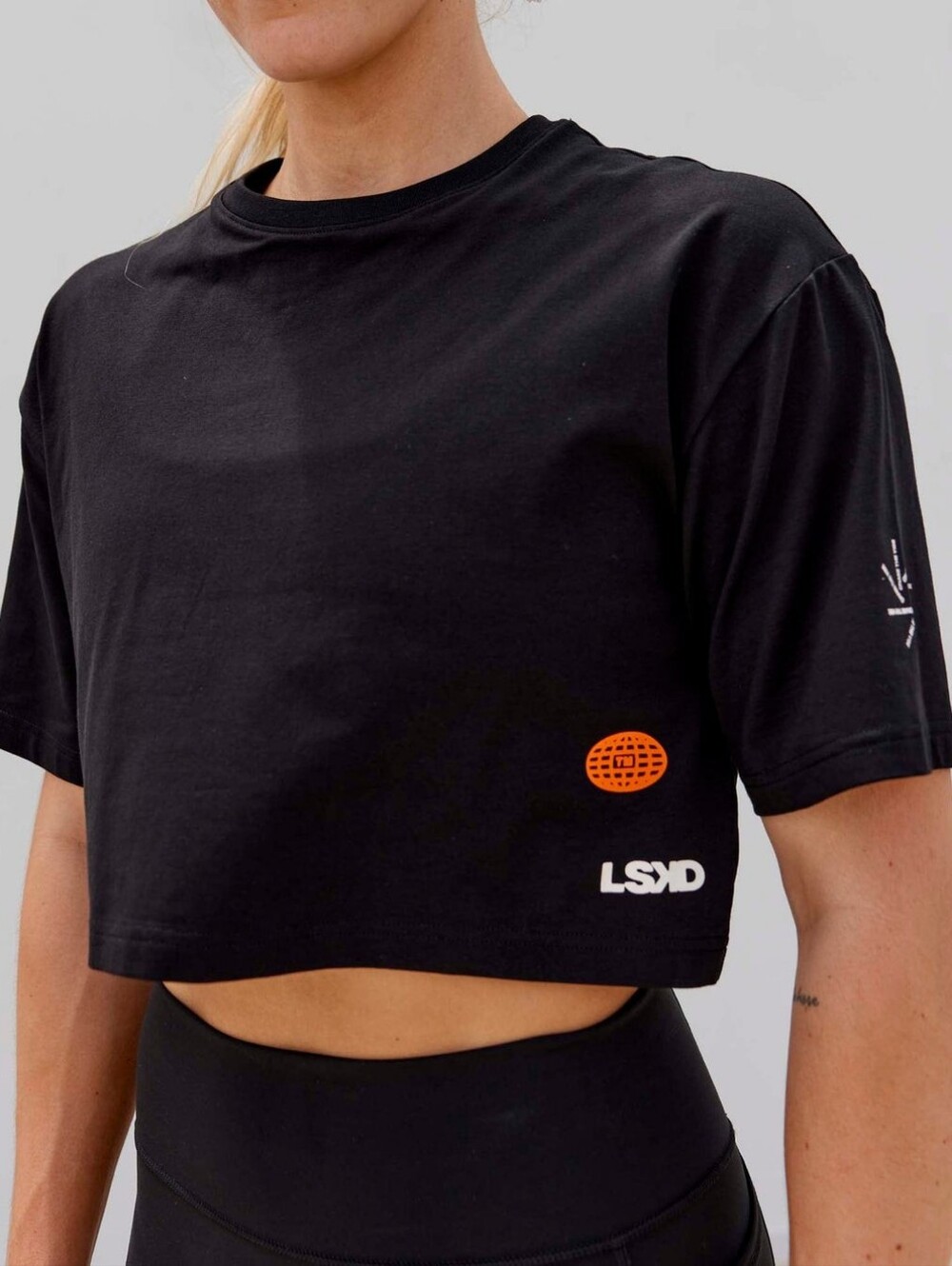 LSKD Black Cropped Tee with Orange Accent